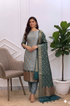 New Arrival Banarasi Soft Cotton Silk 3 Pcs Suits With Contrast Pallu Bottle Green Color