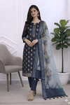 Balck Color Banarasi Soft Cotton Silk 3 Pcs Suit With Printed Pallu