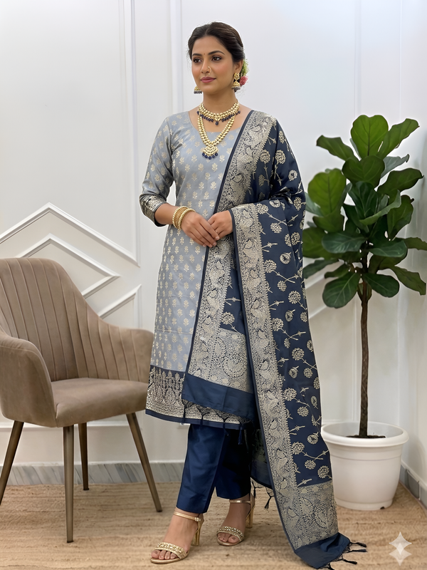 Luxury Banarasi Weave Semi Silk 3 Pcs Suit for Special Occasions