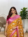 Mustard Banarasi Katan Silk Saree With Beautiful Contrast Border & Pallu