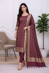 Royal Looks, Timeless Style Wine Color Banarasi Soft Semi 3 Pcs Suit