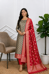 Stunning Look Banarasi Soft Semi Silk 3 Pcs Suit With Contrast Color