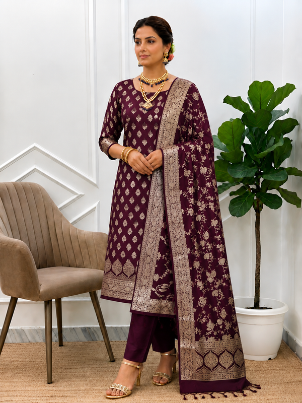 Soft Banarasi Silk 3Pcs Suits for Weddings With Wine Color