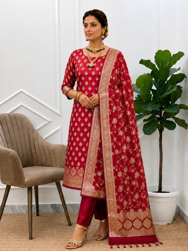 Easy Drape Premium Soft Banarasi Silk 3 Pcs Suit With Red Color