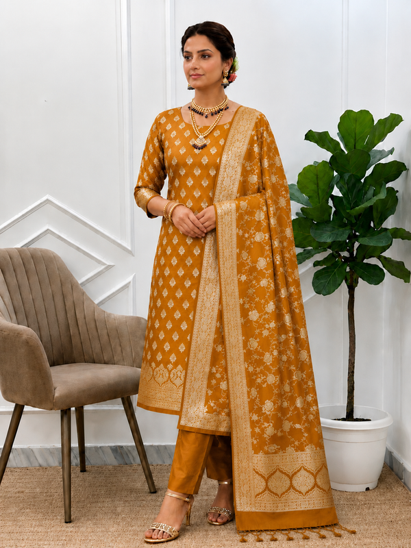 Featherlight Elegance The Softest Banarasi Silk 3 Pcs Suit with Mustard Color