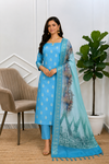 Firozi Color Soft Cotton Silk 3 Pcs Suit With Banaras Namo Ghat Printed Dupatta