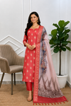 Red Color Soft Cotton Silk Banarasi 3 Pcs Suit With Namo Ghat Printed Pallu