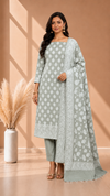 Traditional Banarasi Linen Silk 3 Pcs Suit with Sage Green Color