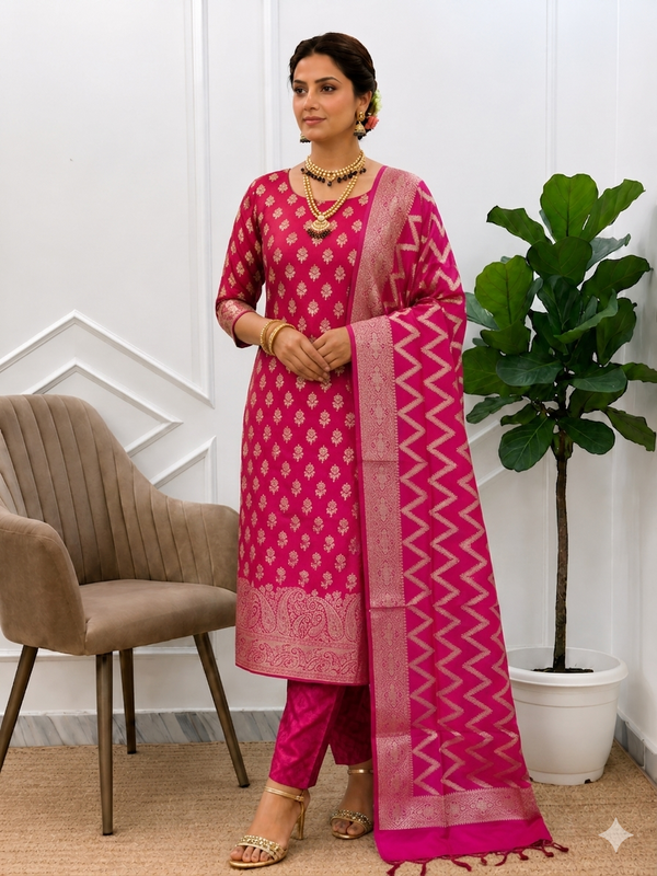 Vintage Threads Classic Soft Banarasi Silk Unstitched 3 Pcs Suits With Maharani Color