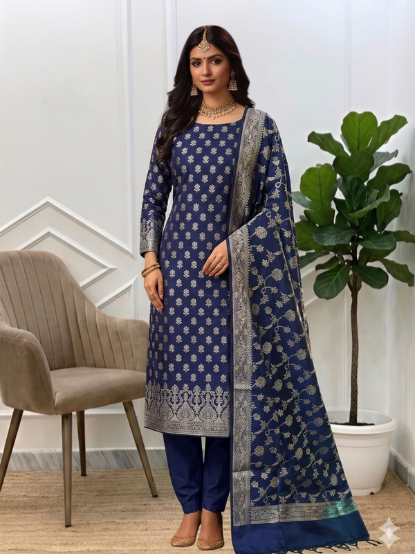 Vintage Threads Classic Soft Banarasi Silk Unstitched 3 Pcs Suit With Blue Color
