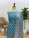 Designer Firozi Color Banarasi Cotton Silk 3 Pcs Suit Set Online India | Wedding & Festival