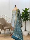 New Arrival Banarasi Soft Cotton Silk 3 Pcs Suits With Contrast Pallu Bottle Green Color