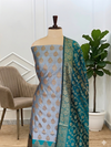 Traditional Banarasi Soft Cotton 3 Pcs Silk Suits with Contrast Pallu Peacock Color