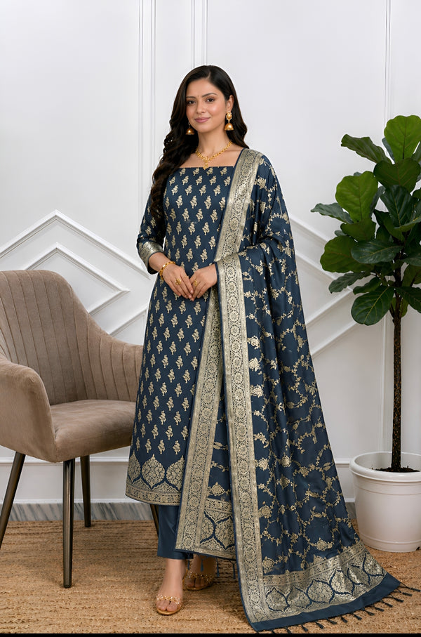 Very Charming Black Color Banarasi Soft Semi Silk 3 Pcs Suit
