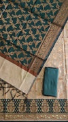 Banarasi Cotton Silk 3 Piece Suit Set with Contrast Pallu Bottle Green Color