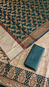 Banarasi Cotton Silk 3 Piece Suit Set with Contrast Pallu Bottle Green Color
