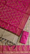 New Arrival Banarasi Cotton Silk 3 Piece Suit With Contrast Pallu Rani Color