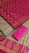 New Arrival Banarasi Cotton Silk 3 Piece Suit With Contrast Pallu Rani Color
