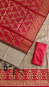 Traditional Banarasi Cotton Silk 3 Piece Suit With Contrast Pallu Maroon Color