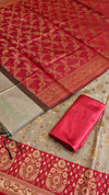 Traditional Banarasi Cotton Silk 3 Piece Suit With Contrast Pallu Maroon Color