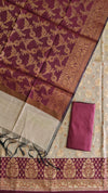 Banarasi Weaving Cotton Silk 3 Pcs Suit With Contrast Pallu Wine Color