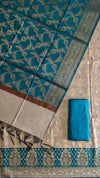 Elegant Banarasi Cotton Silk 3 Pcs Suits with Contrast Pallu Peacock Color