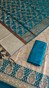Elegant Banarasi Cotton Silk 3 Pcs Suits with Contrast Pallu Peacock Color
