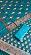 Traditional Banarasi Cotton Silk 3 Pcs Suit with Meena Artistic Weaving Peacock Color