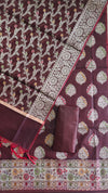 Elegant Floral Wine Color Banarasi Cotton Silk 3 Pcs Suit With Meena