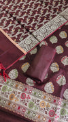 Elegant Floral Wine Color Banarasi Cotton Silk 3 Pcs Suit With Meena
