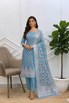Designer Firozi Color Banarasi Cotton Silk 3 Pcs Suit Set Online India | Wedding & Festival