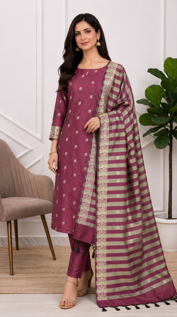 Luxury look Banarasi Soft Semi Silk Suit With Beautiful Wine Color